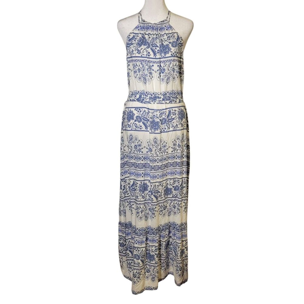 LOFT Garden Halter Maxi Dress L Blue White Floral Boho Coastal Grandma Cottage